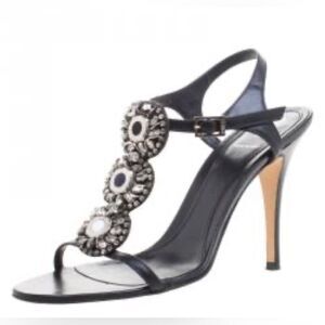 Fendi Black Embellished Leather Ankle Strap Sandals Size 37 heels 4”